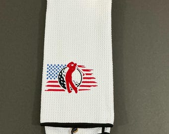 Patriotic Golf Towel with USA Flag, Golf Ball & Golfer on a White - Tri-Fold Sports Accessory with Carabineer