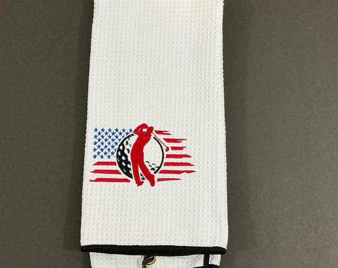 Patriotic Golf Towel with USA Flag, Golf Ball & Golfer on a White - Tri-Fold Sports Accessory with Carabineer