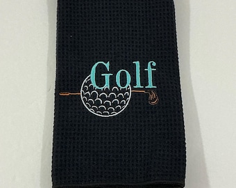 Black Golf Towel with Aqua Embroidered Golf Word, Ball, and Putter-Microfiber-Tri-fold-Sports Towel-Golf Accessory-Absorbent-Fathers Day