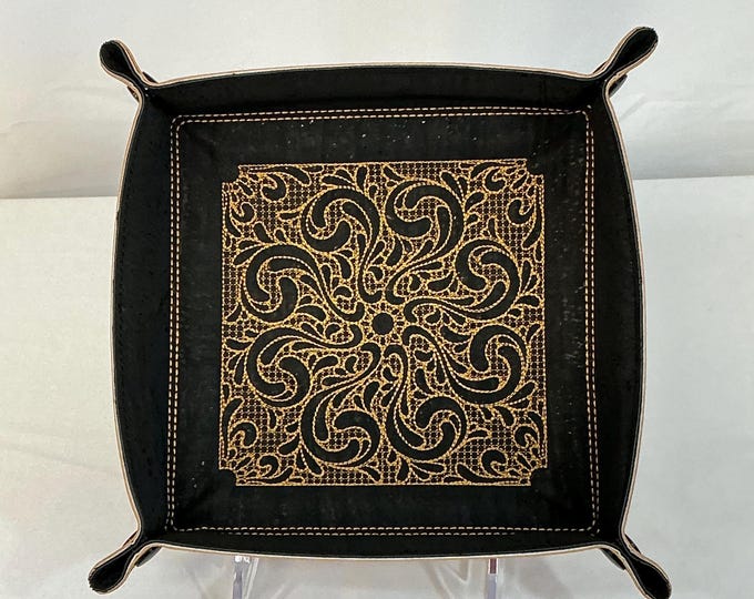Baroque Swirl Embroidered Tray - Square Jewelry & Travel Catchall, Dice Organizer
