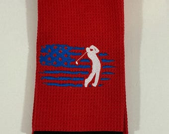 Patriotic Red Golf Towel - Embroidered American Golfer Design | Accessory for Golf Bags with Carabineer