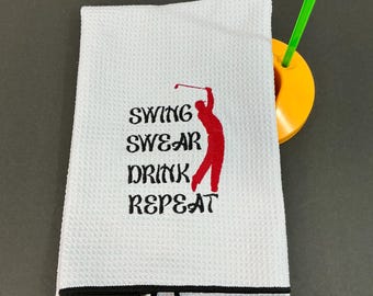 Funny Embroidered Golf Towel: 'Swing Swear Drink Repeat' - 16"x24", Carabiner, Perfect Golf Gift for Dads & Groomsmen