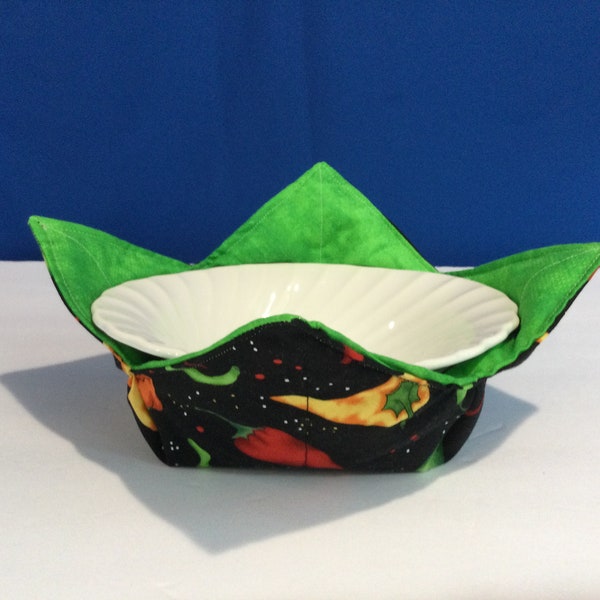 Microwave Bowl Cozy - Chili Peppers with Green Canvas Like Brush Stroke Fabric-Medium Bowl Cozy, College Dorm Cozy, Leftover Cozy-Reversible