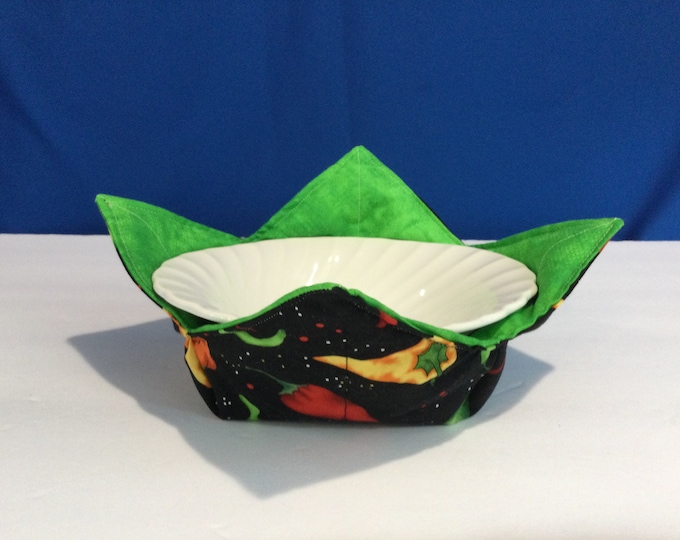 Microwave Bowl Cozy - Chili Peppers with Green Canvas Like Brush Stroke Fabric-Medium-10" Top-6" Bottom Diameters-Reversible-Free Shipping