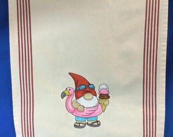 Embroidered Gnome Kitchen Towel: Flamingo Floaty & Ice Cream, 100% Cotton