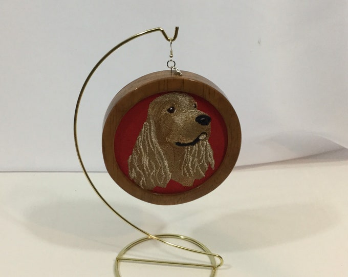 Custom Handmade American Cocker Spaniel Head Ornament - Red Faux Suede Fabric, Cherry Stain Wood Frame - Perfect Gift for Dog Lovers!