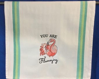 Embroidered 'You Are Flamazing' Flamingo Tea Towel - Humorous Kitchen Gift for Mom or Sister