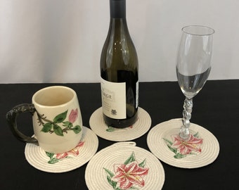 Embroidered Rope Coasters Set of 4 Amaryllis Beauty Floral Design Rope Mug Rug-6" x 6" Round-Flower Garden Lover-Ready To Gift