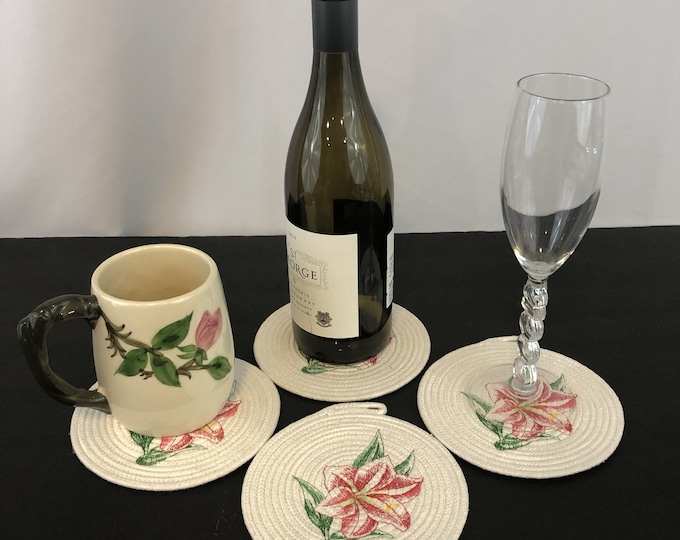 Embroidered Rope Coasters - Set of 4 Amaryllis Beauty Floral Design Rope Mug Rug-Approximately 6" x 6" Round