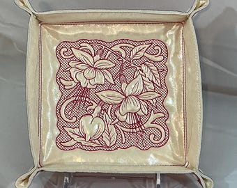 Elegant Fuchsia Flower Trapunto Valet Tray - Large 6x6 Snapped Catchall in Pearl and Red Faux Leathers Lays Flat to Travel