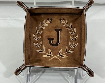 Letter J with Laurel Snap Valet Tray-Snapped 4.5" Square-SMALL Catchall Tray-Lays Flat-Brown Faux Leathers