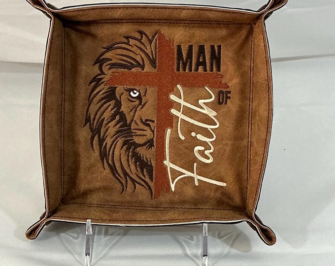 Large Man of Faith Travel Valet Tray | 6x6 Brown Faux Leathers Catchall Organizer with Snap Feature