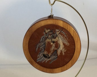 Western Style Embroidered Horse Head Ornament with Cactus and Cowboy Hat Back - Handmade Cherry Stain Wood Frame, Handmade Gift,