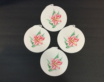 Embroidered Rope Coasters - Set of 4 Amaryllis Beauty Floral Design Rope Mug Rug-Approximately 6" x 6" Round