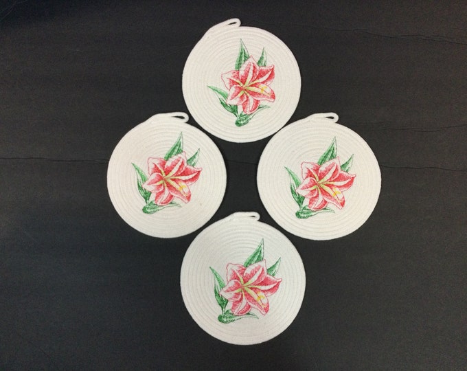 Embroidered Rope Coasters - Set of 4 Amaryllis Beauty Floral Design Rope Mug Rug-Approximately 6" x 6" Round