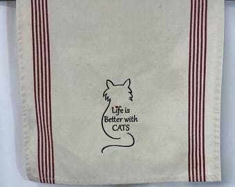 Life is Better with Cats Kitchen Towel - Embroidered Cat Lover Decor & Housewarming Gift