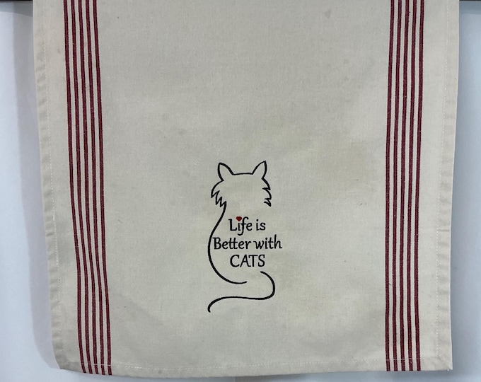 Life is Better with Cats Kitchen Towel - Embroidered Cat Lover Decor & Housewarming Gift