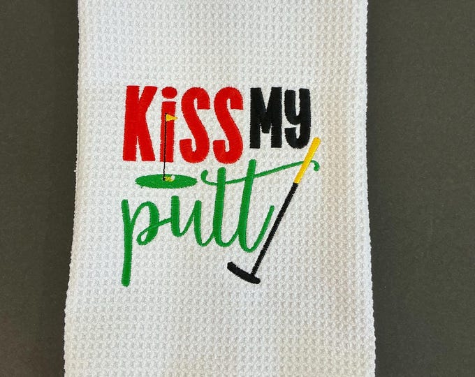 Kiss My Putt Golf Towel - White Microfiber Waffle Gag Gift, 1 Grommet Sports Towel