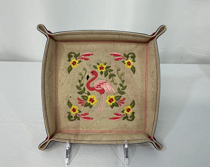 Embroidered Tropical Pink Flamingo 6x6 Catchall Tray - Medium Travel Organizer & Gift Idea