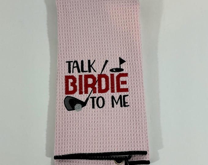 Light Pink Soft Microfiber Golf Bag Towel - Talk Birdie To Me Design with Carabineer (1 Metal Grommet) - 16x24 Waffle Texture