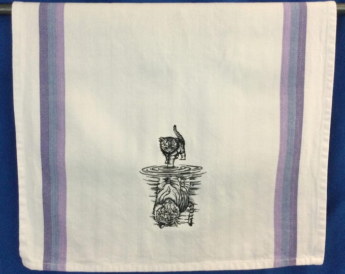 Kitchen Towel - Cat- Kitten & Tiger - Feline Reflection Embroidered Towel, 20” x 28”, Funny Image, Cat Lover Kitchen Towel, Cat Person