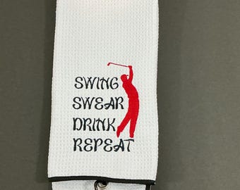 White Microfiber Golf Towel - Swing Swear Drink Repeat, Trifold Design with Carabiner, 16"x24" Fun + Functional!