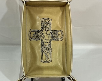 Embroidered Etched Lion Cross Valet Tray - Stylish Snap Catchall, 4x7 Beige & Carmel Faux Leathers
