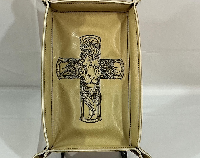 Embroidered Etched Lion Cross Valet Tray - Stylish Snap Catchall, 4x7 Beige & Carmel Faux Leathers