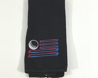 Embroidered USA Flag Golf Towel – Black Sports Accessory, Golf Clubs, Patriotic