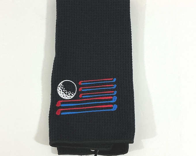 Patriotic Golf Towel - Golf Clubs USA Flag Golf Towel (Small Embroidery) on Black Tri-Fold Sports Accessory with Carabineer