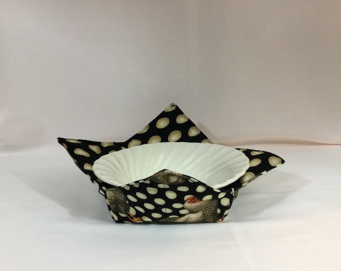 Roosters and Eggs Microwave Bowl Cozy - Medium-Salad Bowl Size; 6" Bottom Diameter, Reversible, Free Shipping, Hot Bowl Pad