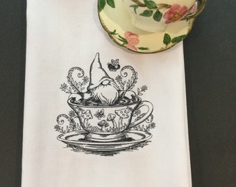 Kitchen Towel - Gnome - Spa Day in a Teacup Embroidered Towel, 28" X 20" W/Back Hanging Tab, Free Shipping