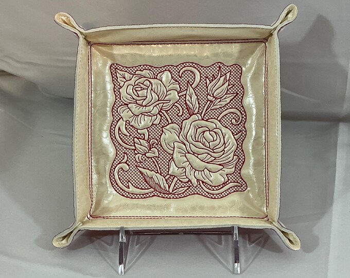 Travel-Friendly 6x6 Large Catchall | Tea Rose Valet Tray in Pearl & Red Crocodile Leathers - Handmade Gift