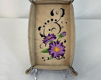 Embroidered Large Aster Flower Design Cork Valet Tray, Travel Catchall, Boho Home Decor, Desk Organizer, Dice Tray