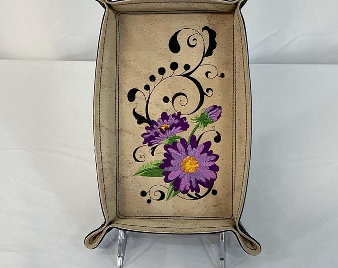 Embroidered Large Aster Flower Design Cork Valet Tray, Travel Catchall, Boho Home Decor, Desk Organizer, Dice Tray