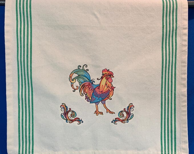 Psychedelic Rooster Embroidered Kitchen Towel - Colorful and Fun Image, Perfect Gift for Rooster Lovers, Back Hanging Tab, Embroidered Towel