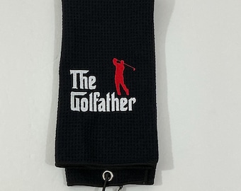 Keep it Teed Up with The Golfather Embroidered Towel-Black Trifold with Clip-Golf Enthusiast-Gift for Dad-Sports Towel-Golf Accessory