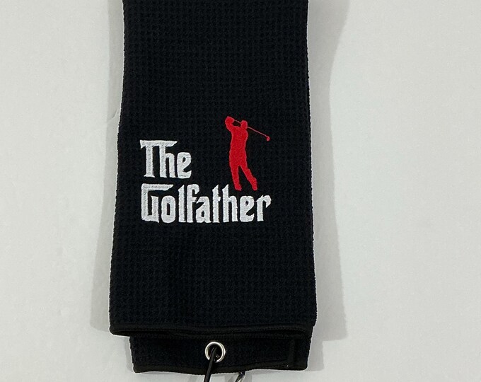 Keep it Teed Up with The Golfather Embroidered Towel-Black Trifold with Clip-Golf Enthusiast-Gift for Dad-Sports Towel-Golf Accessory