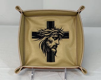 Large Embroidered Catchall Tray - Jesus, Cross & Crown of Thorns Travel Organizer in Beige/Brown Faux Leather