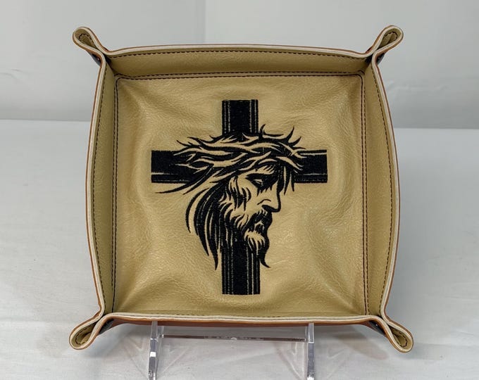 Large Embroidered Catchall Tray - Jesus, Cross & Crown of Thorns Travel Organizer in Beige/Brown Faux Leather