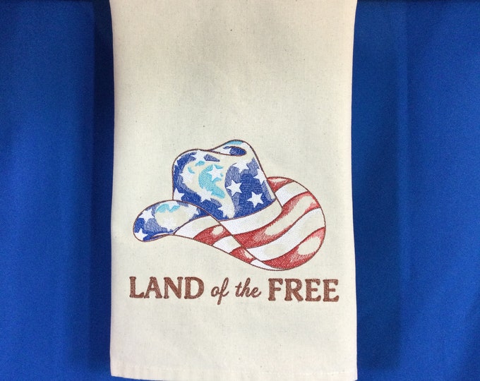 Kitchen Towel - American Cowboy Hat - Land of the Free, Funny Saying Towel, 18" x 28" 100% Cotton Towel, Back Hanging Tab, Recycled Cotton