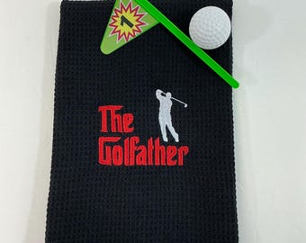 Embroidered Black Golf Towel: 'The Golfather' 16x24 in with Carabiner – Ideal Funny Gift for Him & Golf Lovers