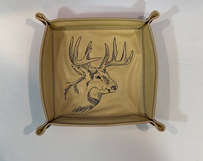 Travel Valet Tray-Ten Point Deer Design-Snapped 6"x6" Square XLarge-Faux Beige & Brown Leathers Valet Tray-Lays Flat for Travel
