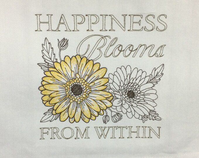 Kitchen Towel - Sunflower - Happiness Blooms From Within Embroidered Kitchen Towel, 20" x 28", Funny Image, Free Shipping-Back Hanging Tab
