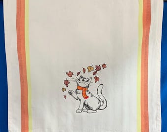 Embroidered Cat Tea Towel: Autumn Leaves Kitchen Decor, Gift for Cat Lover