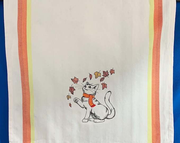 Autumn Leaves Cat Embroidered Tea Towel for Cat Lovers, Funny Image, Gift Towel for Cat Lover, Embroidered Gift, Eco-Friendly, Kitchen Decor
