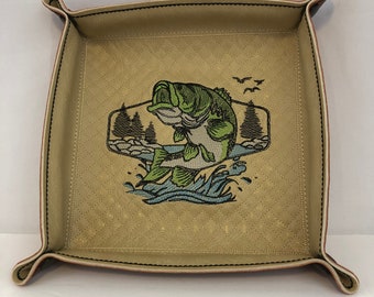 Large Mouth Bass Embroidery Snap Catchall Tray, Crosshatch-Fish Lover-Snapped 6"x6" Sq LARGE-Beige & Cinnamon Brown Faux Leathers-Lays Flat