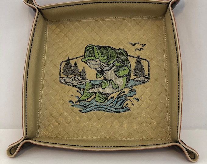 Large Mouth Bass Embroidery Snap Catchall Tray, Crosshatch Background-Snapped 6"x6" Sq LARGE-Beige & Cinnamon Brown Faux Leathers-Lays Flat