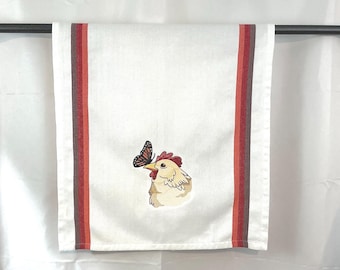 Embroidered Kitchen Towel: Curious Chicken & Monarch Butterfly - Sustainable Cotton