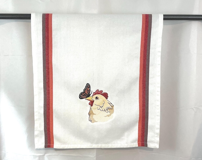 Curious Monarch Butterfly and Chicken Embroidered Kitchen Towel - Funny and Sustainable Chicken Lover Gift, Monarch Butterfly Lover